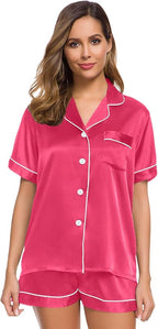 SWOMOG Womens Silk Satin Pajamas Set Short Sleeve Sleepwear Button Down Top and Shorts Loungewear 2 Piece Pjs Set XS-3XL
