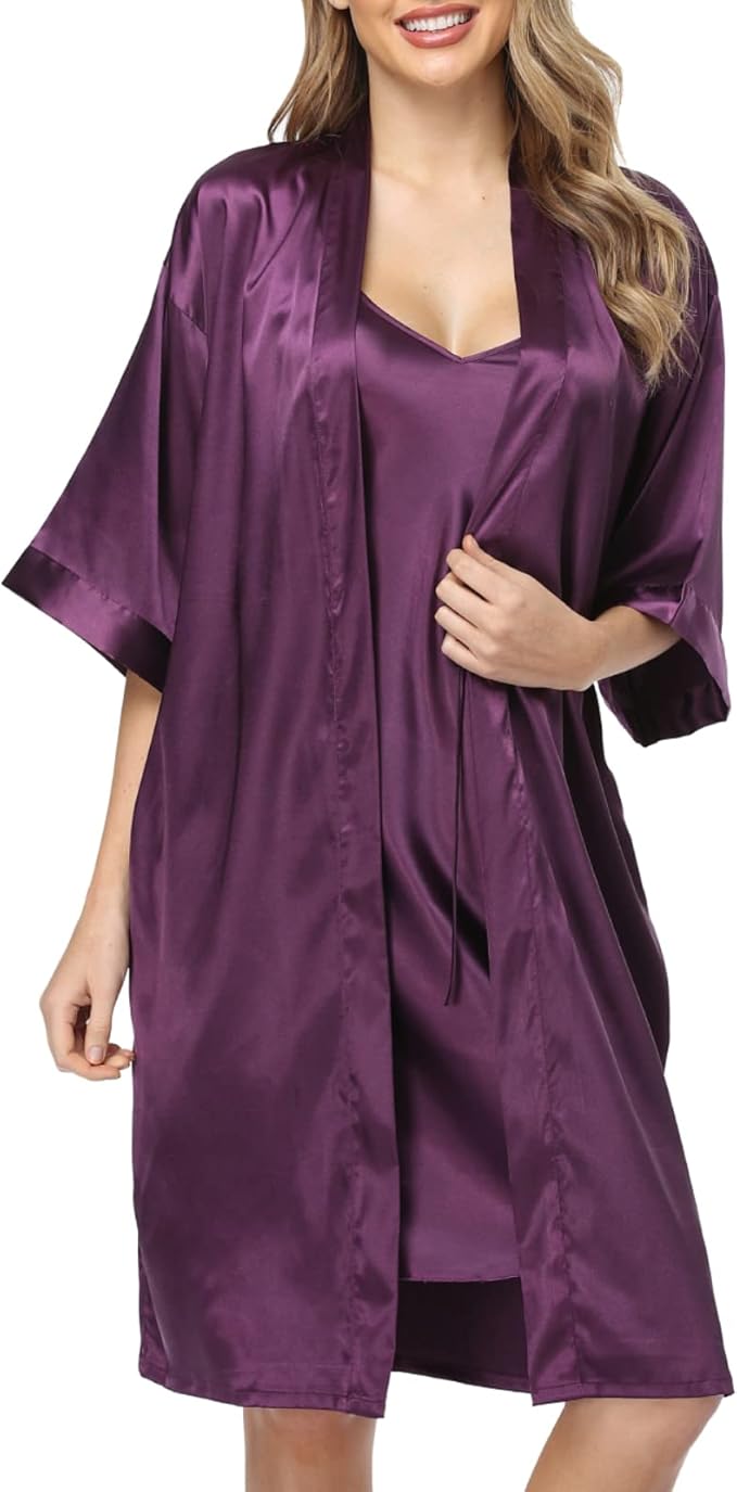 Women's Satin Robe Sets 2 Piece Nightgown Silk Pajama Sexy Floral Lingerie Lace Cami Sleepwear Night Robes