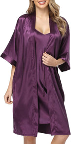 Women's Satin Robe Sets 2 Piece Nightgown Silk Pajama Sexy Floral Lingerie Lace Cami Sleepwear Night Robes