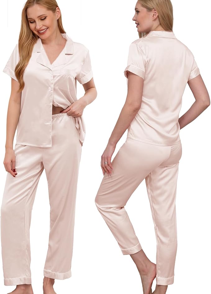 WJing Yi Jia Womens Pajamas Set XS-4XL Floral Silk Satin Pajama Sets Silky Pj Sets 2Pcs Loungewear Sleepwear Button Down Pjs