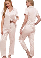 WJing Yi Jia Womens Pajamas Set XS-4XL Floral Silk Satin Pajama Sets Silky Pj Sets 2Pcs Loungewear Sleepwear Button Down Pjs