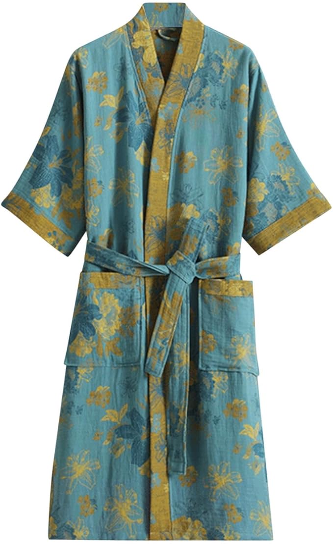 Womens Boho Floral Print Robe Lightweight Short Sleeve Bathrobe Soft Kimono Robes V-neck Loungewear with Pockets