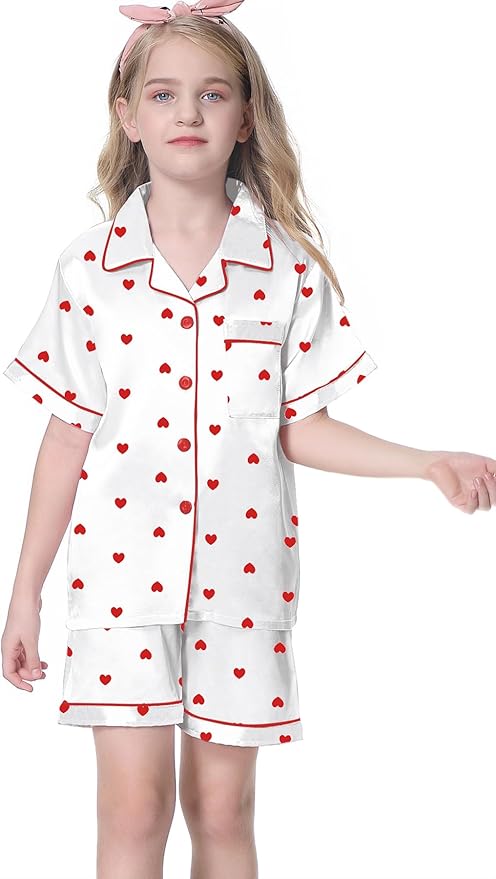 Umeyda Women & Girls Pajamas Set, Soft Satin Lightweight Silk Button-Down Top with Shorts 2 Piece PJS for Mom Boys Kids Gifts