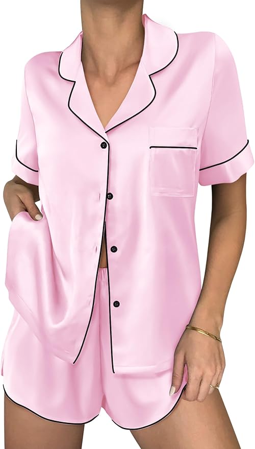 Ekouaer Womens Silk Satin Pajama Sets 2 Piece Button Down Silk Pjs Shorts Sets Cute Print Short Sleeve Sleepwear S-4XL