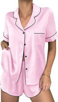 Ekouaer Womens Silk Satin Pajama Sets 2 Piece Button Down Silk Pjs Shorts Sets Cute Print Short Sleeve Sleepwear S-4XL