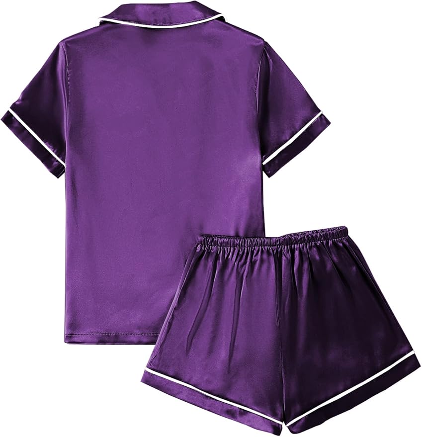 LYANER Women's Silky Satin Pajamas Set Short Sleeve Button Down Shirt With Shorts Pjs Set Sleepwear