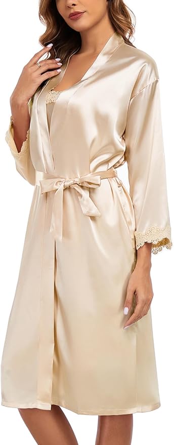 BestWendding Women's Silk Robe Set 2 Pieces Pajamas Sets Sexy Soft Satin Robe with V Neck Camisole Lingerie Nightgown