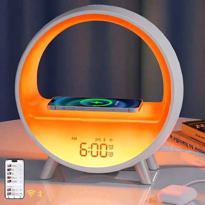 MOMILLA Smart Sunrise Alarm Clock with Wireless Charging, Wake up Light w/Bluetooth Speaker, APP Control White Noise Sound Machine, Compatible with Airpods/iPhone, Alarm Clocks for Bedrooms Adults