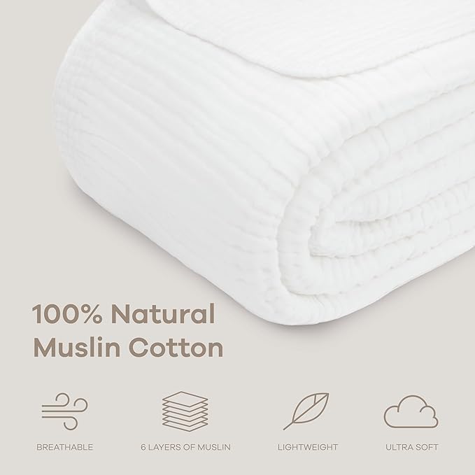 Comfy Cubs Muslin Blanket for Adults Queen 90" x 90" - 6 Layer Soft, Breathable & Lightweight Muslin Adult Blanket - Machine Washable & Designed in The US Bedding for All Seasons - White
