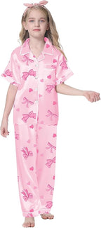 Umeyda Girls Womens Pajamas Set, Satin Silky Button Down Loungewear 2 Piece Short Sleeve Pants PJS Sets for Mommy Kids