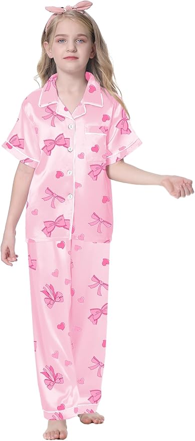 Umeyda Girls Womens Pajamas Set, Satin Silky Button Down Loungewear 2 Piece Short Sleeve Pants PJS Sets for Mommy Kids