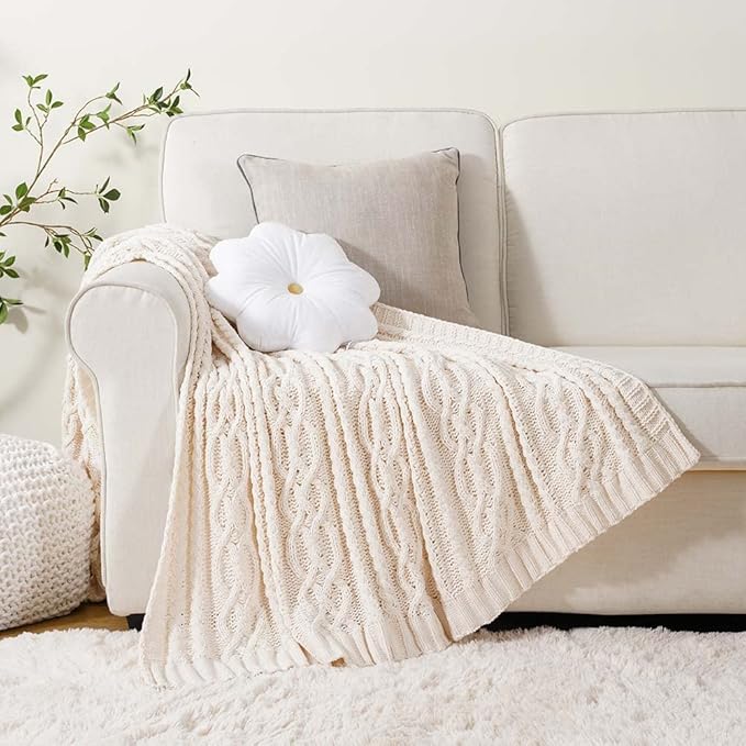 Battilo Cream White Ivory Throw Blanket for Couch, 51x 67 Inch, Woven Chenille Knit Throw Blanket for Chair, Super Soft Warm Decorative Textured Throw Blanket for Bed, Sofa and Living Room.