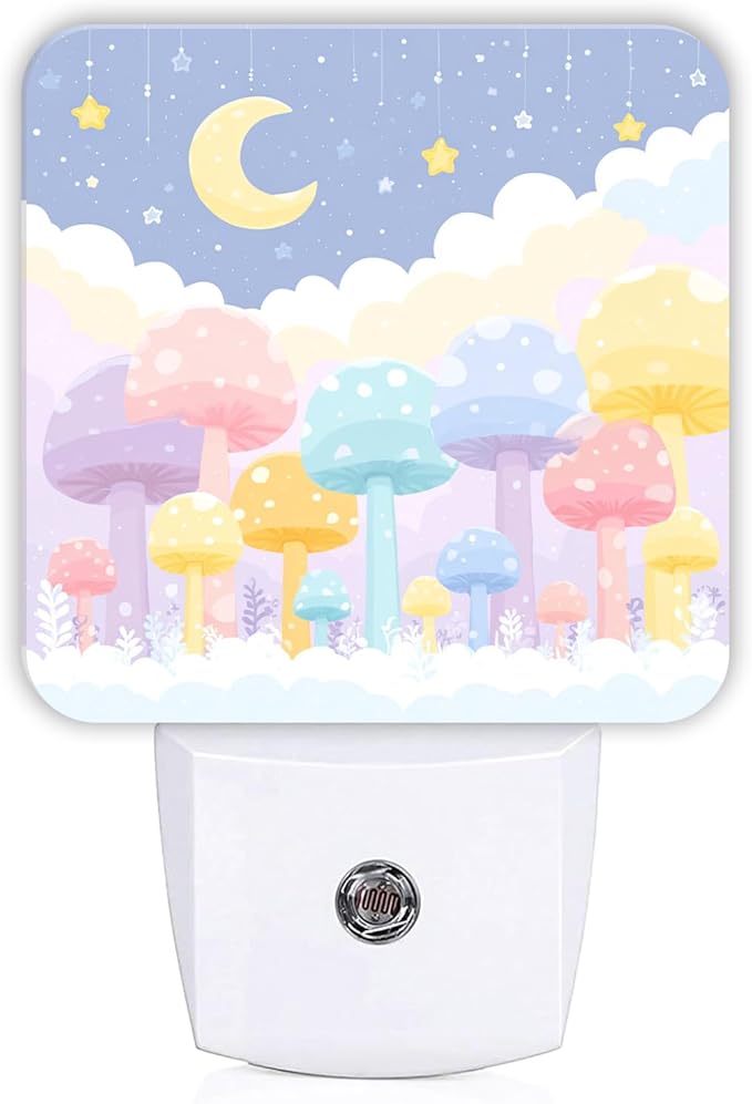 Mushroom Night Lights Plug Into Wall, Fanciful Playful Moon Stars Spring Pastel Peach Plug in Night Light with Dusk to Dawn Sensor for Guest Room Basement Office Decor 1pcs