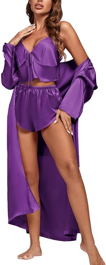 OPOIPIN Women's 3 Piece Pajama Set Sexy Cami Top and Shorts with Robe Sleepwear Loungewear Set