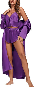 OPOIPIN Women's 3 Piece Pajama Set Sexy Cami Top and Shorts with Robe Sleepwear Loungewear Set
