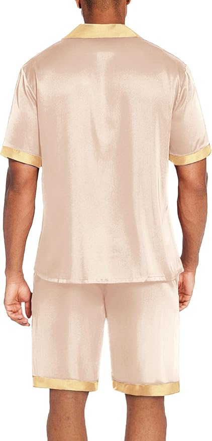 Ekouaer Men Satin Silk Pajamas Set with Pockets Sleepwear Shorts Satin Summer Loungewear 2 Piece Button Down Set S-3XL