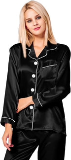 SWOMOG Womens Silk Satin Pajamas Set Long Sleeve Button Down Sleepwear 2 Piece Lounge Set Pj Set XS-3XL