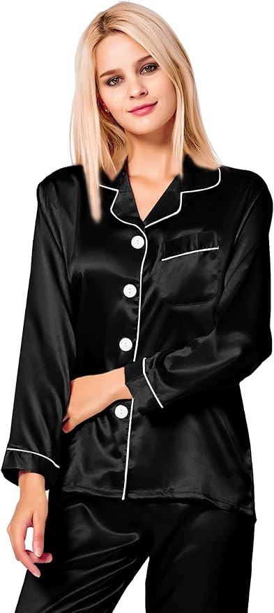 SWOMOG Womens Silk Satin Pajamas Set Long Sleeve Button Down Sleepwear 2 Piece Lounge Set Pj Set XS-3XL