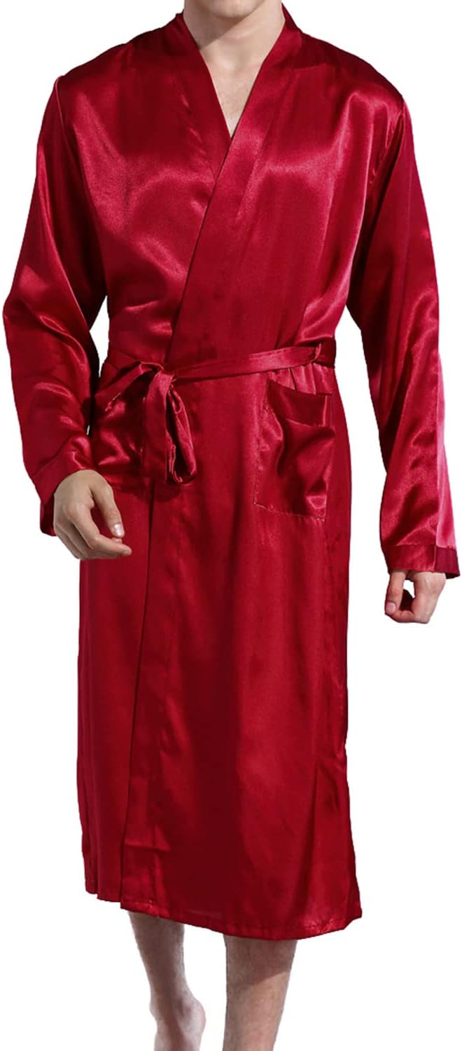 Previn Men's Satin Kimono Robe Long Spa Bathrobes Luxurious Silk Long Sleeve Loungewear