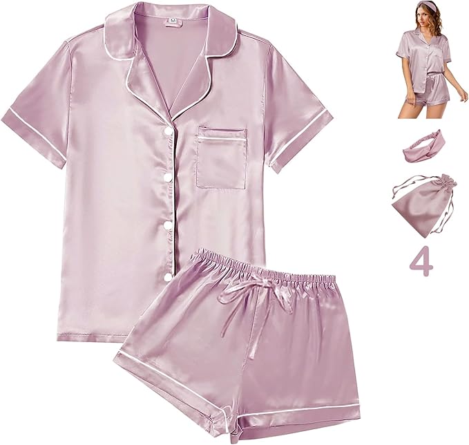 WJing Yi Jia 4Pcs Womens Satin Silky Pajama Sets Short Sleeve Shirt XS-4XL Floral Pajamas Set Soft PJ Loungewear Sleepwear