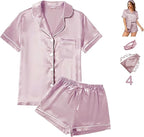 WJing Yi Jia 4Pcs Womens Satin Silky Pajama Sets Short Sleeve Shirt XS-4XL Floral Pajamas Set Soft PJ Loungewear Sleepwear