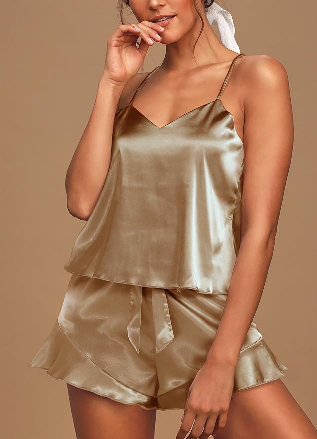 Aamikast Womens Silk Satin Pajama Sets Sexy Cami Ruffled Shorts Sets 2 Piece Pjs Sleepwear