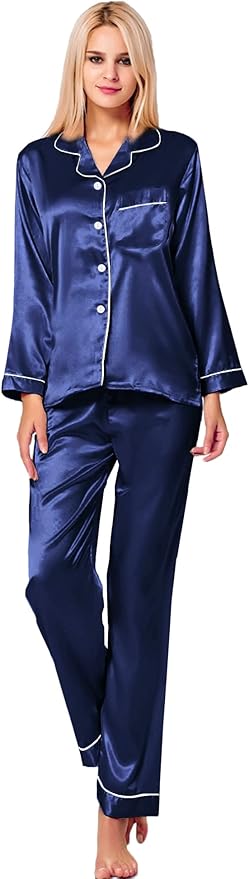 SWOMOG Womens Silk Satin Pajamas Set Long Sleeve Button Down Sleepwear 2 Piece Lounge Set Pj Set XS-3XL