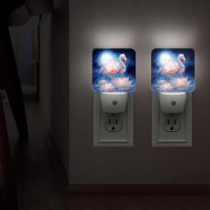 Tropical Bird Night Lights Plug Into Wall, Tropical Serene Water Lily Moon Summer Peach Led Night Lights Plug Into Wall Outlet for Guest Room Basement Office Decor 2pcs