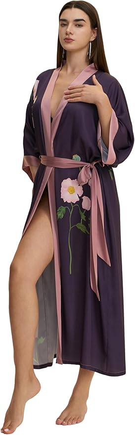 Kihnop Women's Floral Long Kimono Robe Long Satin Robe Long Silk Robe Ladies Kimonos Silky Bathrobe Cover Up, One Size