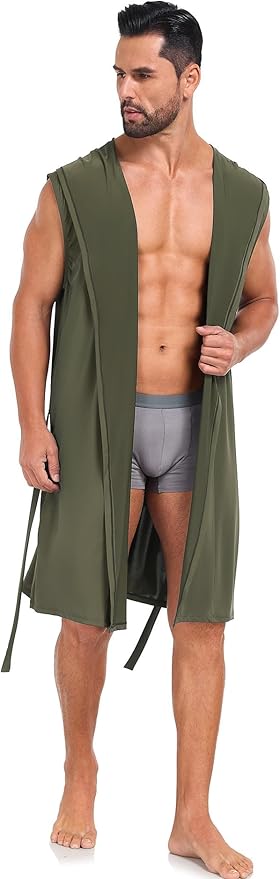 VintageClothing Men's Summer Robe with Hooded Lightweight Bathrobe House Kimono Sleeveless Sexy Sleepwear Pajamas