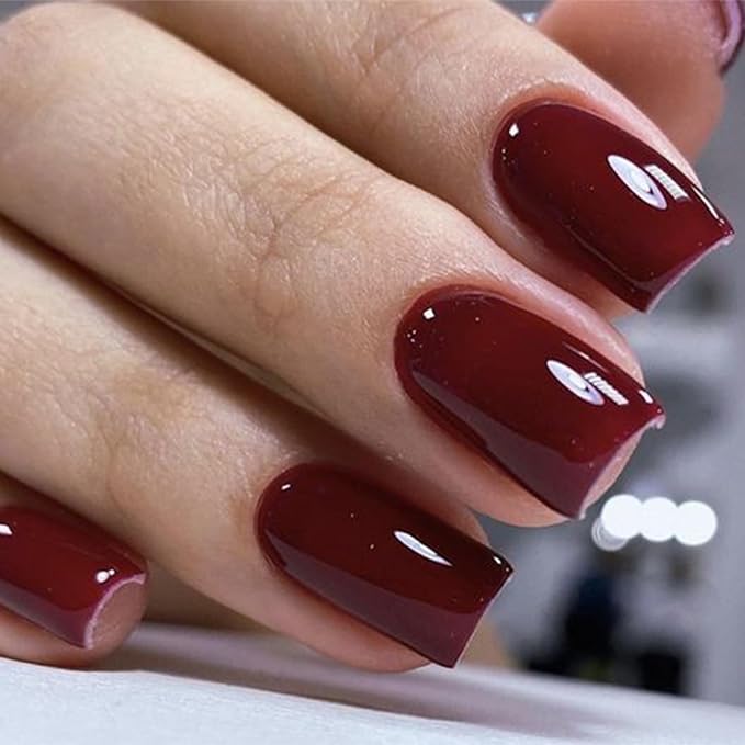 Modelones Press on Nails, Dark Red Short Square Fake Nails, Summer Reusable Nail Kit with Nail Glue Adhesive Tabs Mini Nail File, Nails Press Ons 32Pcs16 Sizes, Women Girl Gift