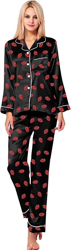 SWOMOG Womens Silk Satin Pajamas Set Long Sleeve Button Down Sleepwear 2 Piece Lounge Set Pj Set XS-3XL