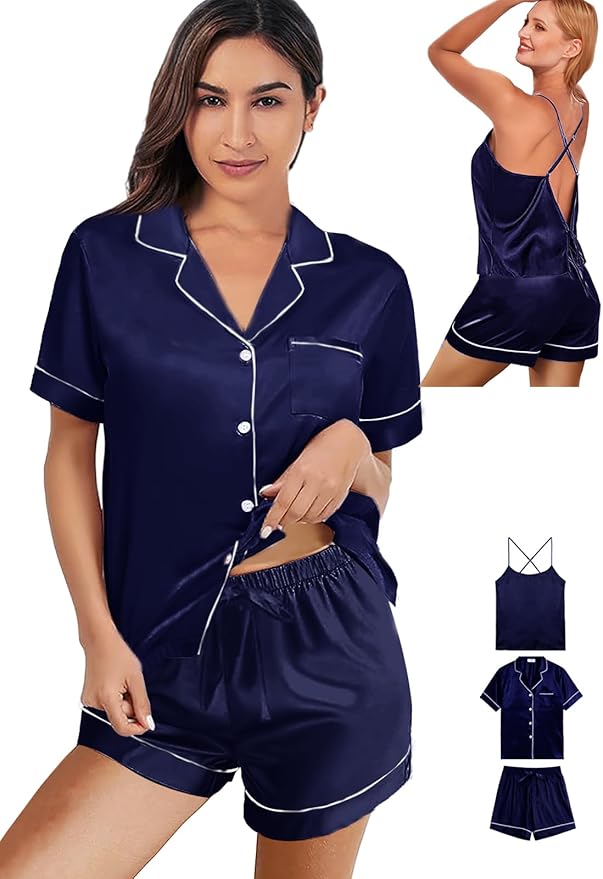 WJing Yi Jia 3Pcs Silk Pajamas Set for Women XS-4XL Satin Pajama Lingerie Pjs Cami Tops Silky Pj Sets Sleepwear Nightwear