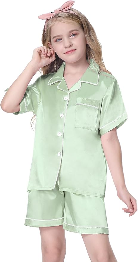 Girls & Womens Satin Pajamas Set, Silk Button-Down Sleepwear 2 Piece Nightwear, 3 Years - Women XXL