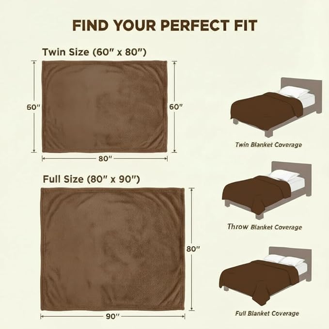 Fleece Blanket Full/Queen - 80x90 Inch Lightweight & Buttery-Soft Throw for Bed, Sofa, Camping | 300GSM Cloud-Touch Microfiber | Cozy Essentials for Travel & Movie Nights, (Brown)