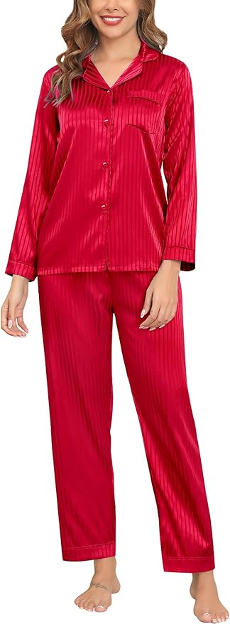 SWOMOG Womens Silk Satin Pajamas Set Long Sleeve Button Down Sleepwear 2 Piece Lounge Set Pj Set XS-3XL