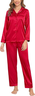 SWOMOG Womens Silk Satin Pajamas Set Long Sleeve Button Down Sleepwear 2 Piece Lounge Set Pj Set XS-3XL