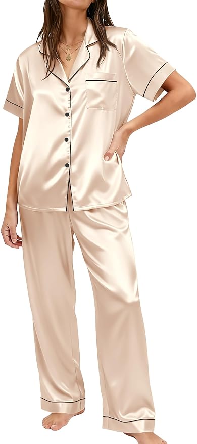 Ekouaer Womens Silky Satin Pajamas Set Short Sleeve Button Down Sleepwear 2 Piece Lounge Set Pj Set