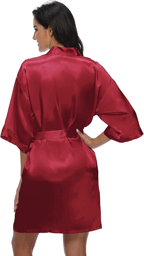 Women's Satin Kimono Robe Wedding Getting Ready Silky Bathrobe Short Bridesmaid Dressing Gown