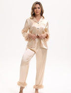 MORFORU Satin Pajama Set for Women Feather Trim Long Sleeve Pjs with Sleep Mask Headband Scrunchie Sleepwear Lounge Set