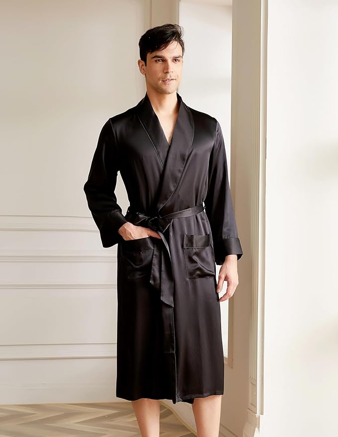 THXSILK Men’s Silk Robe Long Bathrobes, Luxury Lightweight Sleepwear, Two Pockets, Pure Mulberry Silk loungewear