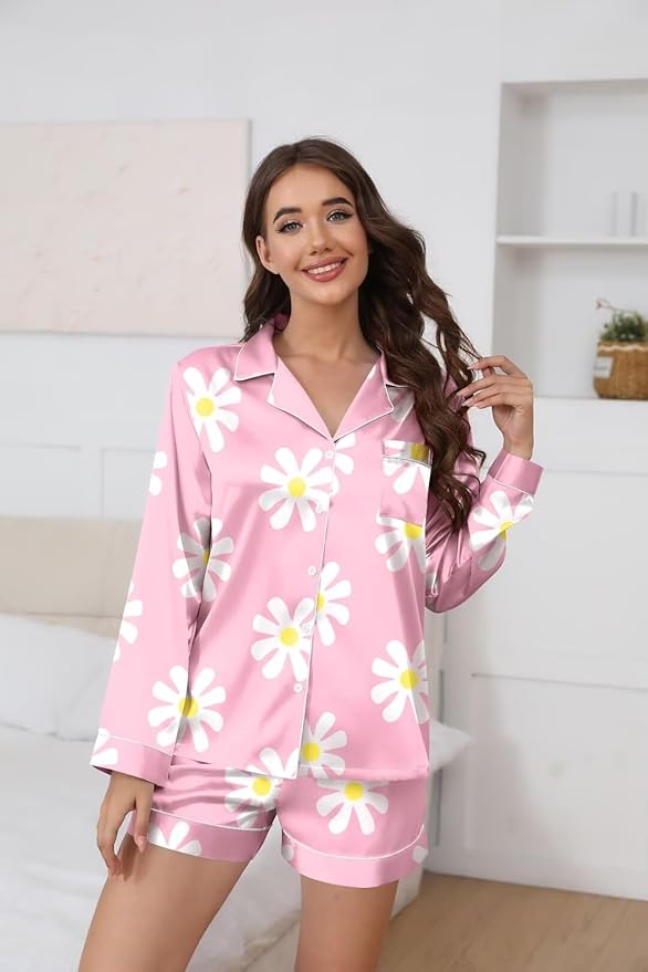 Ekouaer Satin Pajama Set for Women Button Down Pj Set Long Sleeve Top and Shorts 2 Piece Loungewear Summer Soft Sleepwear