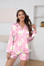 Ekouaer Satin Pajama Set for Women Button Down Pj Set Long Sleeve Top and Shorts 2 Piece Loungewear Summer Soft Sleepwear