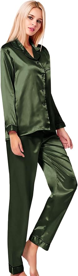 SWOMOG Womens Silk Satin Pajamas Set Long Sleeve Button Down Sleepwear 2 Piece Lounge Set Pj Set XS-3XL