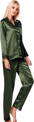 SWOMOG Womens Silk Satin Pajamas Set Long Sleeve Button Down Sleepwear 2 Piece Lounge Set Pj Set XS-3XL