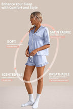 CHYRII Women's Silk Satin Pajamas Two Piece Pj Sets Short Sleeve Tops Ruffled Shorts Sleepwear with Magnetic Diffuser
