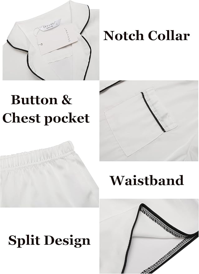 Ekouaer Womens Silk Satin Pajamas Set Short Sleeve Sleepwear Button Down Loungewear 2 Piece Pjs Shorts Set S-5X Plus Size