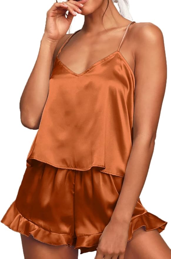 CHYRII Women's Sexy Silk Satin Ruffled Pajamas Sets Cami Shorts Sets Sleepwear