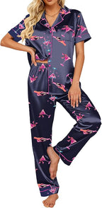Ekouaer Silk Satin Pajamas Set Women Short Sleeve Sleepwear Soft Button Down Loungewear Pjs Set