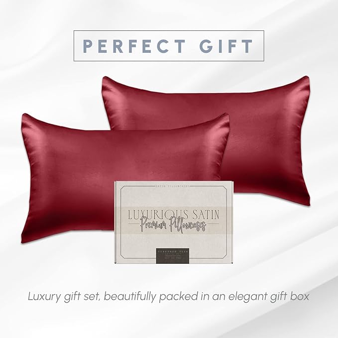 Elegant Comfort 2-Pack Cooling Viscose Satin Pillowcase Set with Hidden Zipper Closure, Silky Smooth for Best Hair and Skin Care-Beautiful Gift Box-2-Piece Satin Pillowcase Set, King, Burgundy